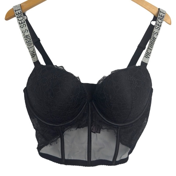 Victoria’s Secret Black Rhinestone Strap Pushup Corset Bra Top 36D Floral Lace - Picture 2 of 16